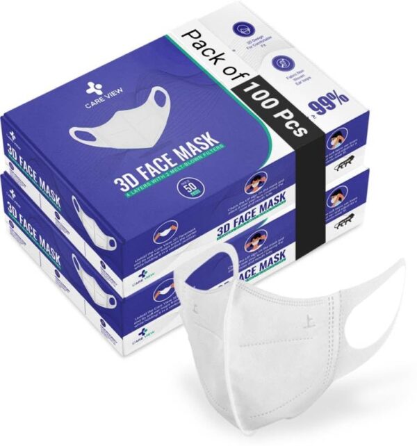 Careview CARE VIEW N95 3 Dimensional Disposable Face Mask with 4 Layered Filtration, SITRA and BIS(ISI) certified & Incredibly Soft Spandex Non Woven Fabric Ear loop (White, Pack of 100)