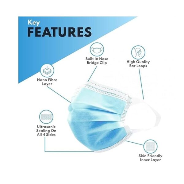 7Shield Disposable Surgical 3Ply Unisex Mask - Ultra Soft Fabric Wide Ear Loop, Comfortable, Inbuilt Plastic Coated Nose Pin, CE and ISO Certified, Convenient Box Pack (Medical Blue Color) - Image 2