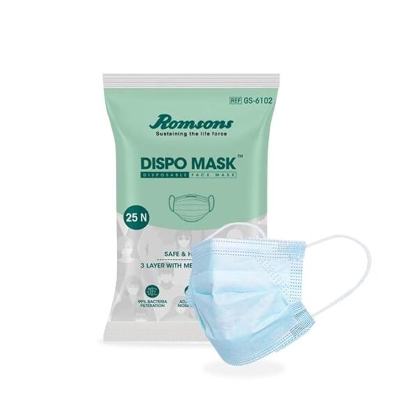 Romsons Plastic Disposable 3 Ply Mask With Elastic Ear Loops (Blue, Pack of 50, Without Valve) for Unisex.