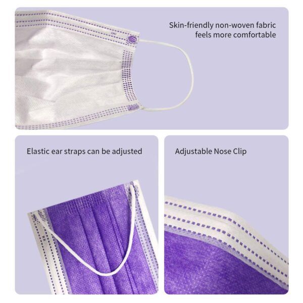 Face Mask,Dustproof Disposable 3-ply Face Mask,Breathable 3 Layer Protection,Sanitary Masks,Safety Mask,Anti-water,Purple(50 pcs) - Image 3
