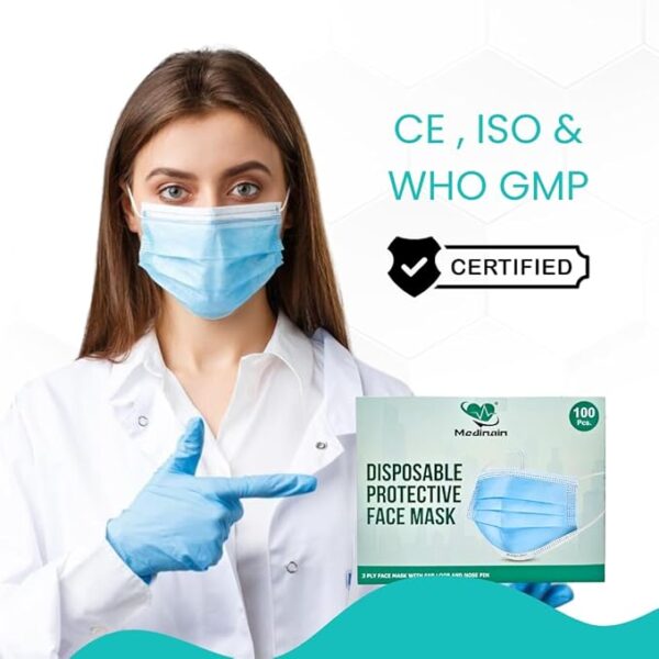 Medinain 3ply Disposable Face Mask Built-IN Nose Pin Soft Elastic Ear Loops & Non-Woven Fabric Pack of (100 Masks) - Image 4
