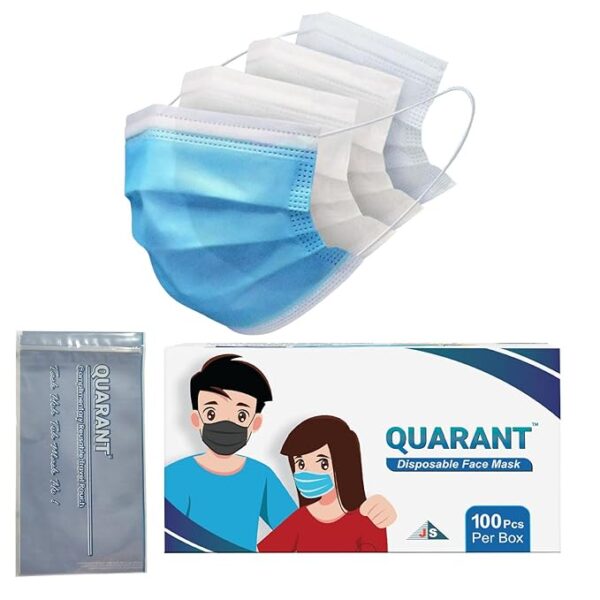 QUARANT Meltblown - Dual SMMS Fabric 4 Ply Anti Pollution Disposable Face Mask with Nose Pin, Mask Extender and Reusable Travel Pouch and Mask Extender (Pack of 100) for Unisex