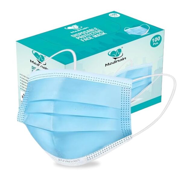 Medinain 3ply Disposable Face Mask Built-IN Nose Pin Soft Elastic Ear Loops & Non-Woven Fabric Pack of (100 Masks)
