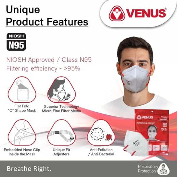 VENUS V-4400 Niosh Certified N95 Mask, Pack Of 5, Unisex White Color Fold Flat Design Dust Nonwoven Fabric Mask, Protects Against Dust, Bacterial & Viral Agents - Image 3