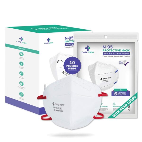 Careview N95 Unisex Non Woven Head Loop Style 6 Layered Filtration with 2 Melt Blown Layers, DRDO Approved N-95 Protective Face Mask (White, Pack of 10, Model CV1221H)