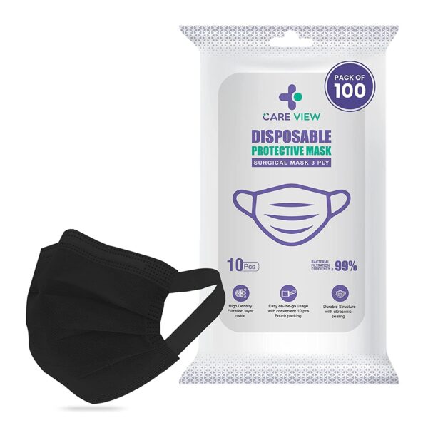 CARE VIEW N95 3 Ply Disposable Face Mask Pouch with SOFT FABRIC Earloop, Certified by BFE>99% and PFE > 95%, SITRA, DRDO, ISO and CE (Black) (Pack of 100)