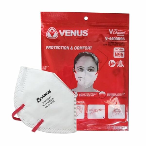 VENUS V-4400 Niosh Certified N95 Mask, Pack Of 5, Unisex White Color Fold Flat Design Dust Nonwoven Fabric Mask, Protects Against Dust, Bacterial & Viral Agents