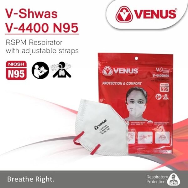 VENUS V-4400 Niosh Certified N95 Mask, Pack Of 5, Unisex White Color Fold Flat Design Dust Nonwoven Fabric Mask, Protects Against Dust, Bacterial & Viral Agents - Image 2