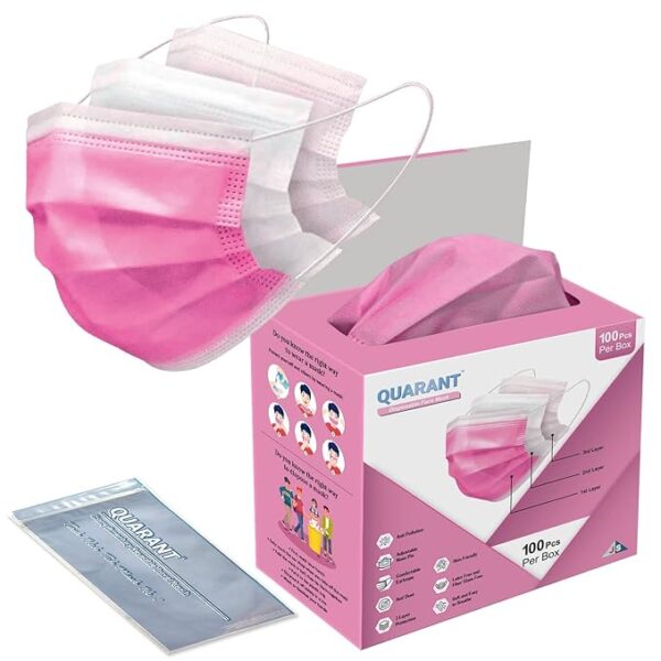 QUARANT Meltblown - SMMS Fabric 3 Ply Disposable Face Mask with Nose Clip and Reusable Travel Pouch for Unisex