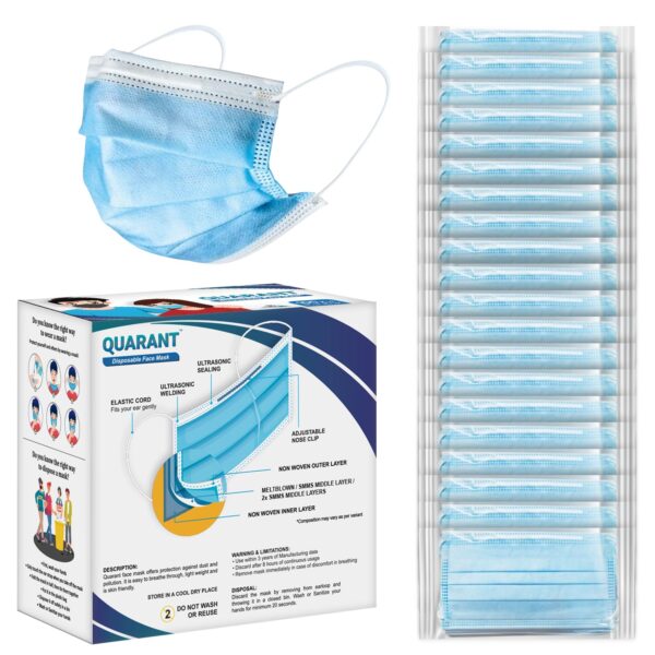 QUARANT Meltblown Fabric 3 Ply Disposable Face Mask with Nose Clip (Blue, Pack of 50) for Unisex