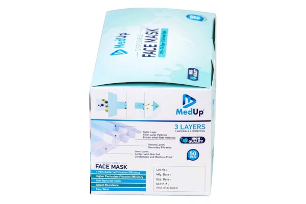 MedUp 3Ply Disposable Bacterial Filtration and 95% Particle Filtration Efficiency Surgical Face Mask - Blue, Pack of 50, Without Valve for Unisex. - Image 4