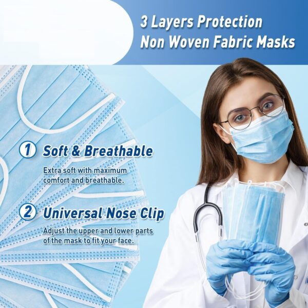 MAGICMED 3 Ply Disposable Face Mask with Nose Clip and Reusable Travel Pouch, Pack of 100, Blue - Nonwoven Fabric, Melt-Blown, Anti-Dust, Anti-Pollution, for Unisex Adults - Image 3