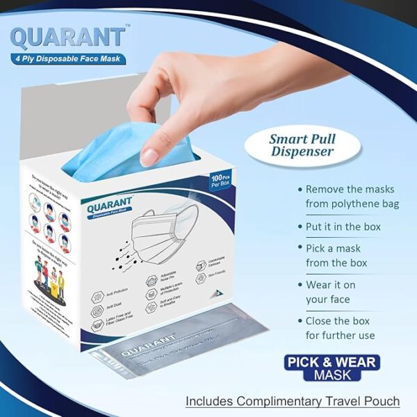 QUARANT Meltblown - Dual SMMS Fabric 4 Ply Anti Pollution Disposable Face Mask with Nose Pin, Mask Extender and Reusable Travel Pouch and Mask Extender (Pack of 100) for Unisex - Image 2
