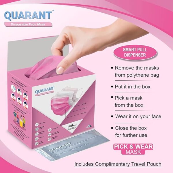 QUARANT Meltblown - SMMS Fabric 3 Ply Disposable Face Mask with Nose Clip and Reusable Travel Pouch for Unisex - Image 5