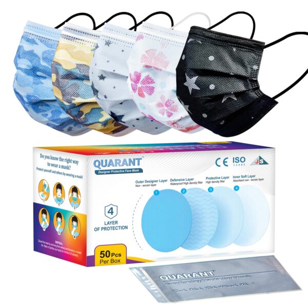 Dual SMMS Fabric 4 Ply Designer Protective Face Mask with Nose Clip and Reusable Travel Pouch, Fashion That's Safe (Mixed Combo, Pack of 50) for Unisex