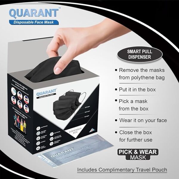 QUARANT Meltblown - SMMS Fabric 3 Ply Disposable Face Mask with Nose Clip and Reusable Travel Pouch for Unisex - Image 2