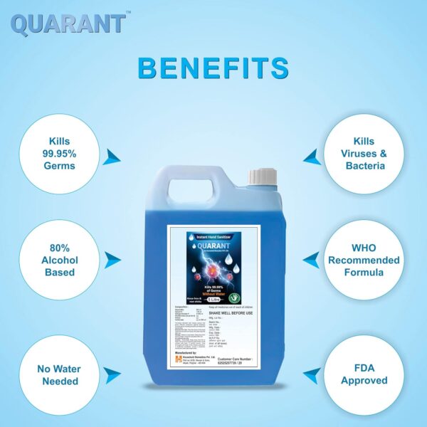 QUARANT 80% Alcohol Based Instant Hand Sanitizer Refill Pack, Kills 99.9% Germs, WHO Recommended Formula & FDA Approved, 5 Litres - Image 2