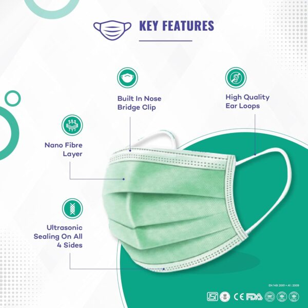 Medohealthy 3 Ply Disposable Face Masks (Pack of 50,Green) with nose pin BIS, (ISI) Certified mask with Melt blown layer - Image 2