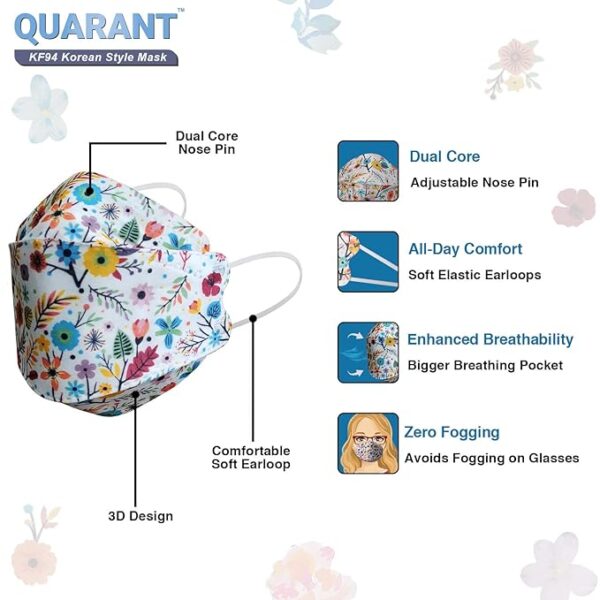 QUARANT Dual Meltblown Fabric KF94 Korean Style Designer Face Mask with Nose Clip and Mask Extender (Pack of 10) for Unisex - Image 5