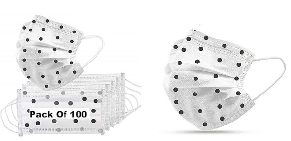 Risezag Printed Masks for Women Surgical 3 Layer Non Woven Fabric Masks with Nose Clip Surgical Masks For Women White Disposable Pack of 100 Pieces 3 Ply Face Masks 3 Layers Disposable Use and Throw