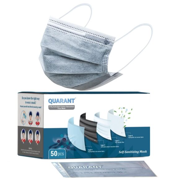 Fabric 4 Ply Nanosilver Activated Carbon Face Mask with Nose Clip and Reusable Travel Pouch, Self Sanitizing Masks, ISO Certified (Grey, Pack of 50) for Unisex