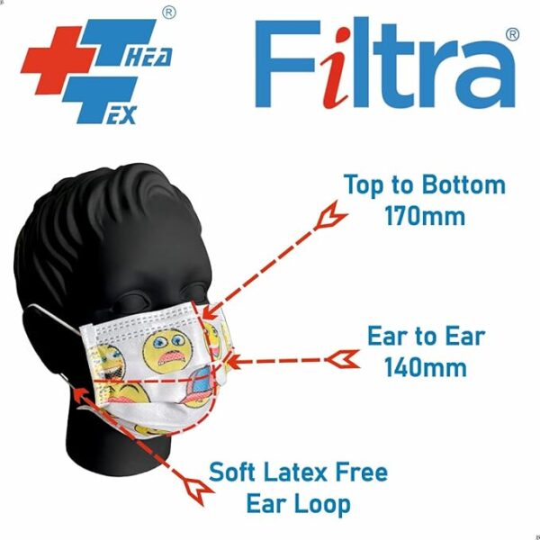 Filtra® 3-Ply Ear Loop Kids Mask | Ages 3-18 | Kids Mask | Children's Mask | Ladies Mask | High Filtration | New extra tough courier packing | Box of 50 Masks - Image 2